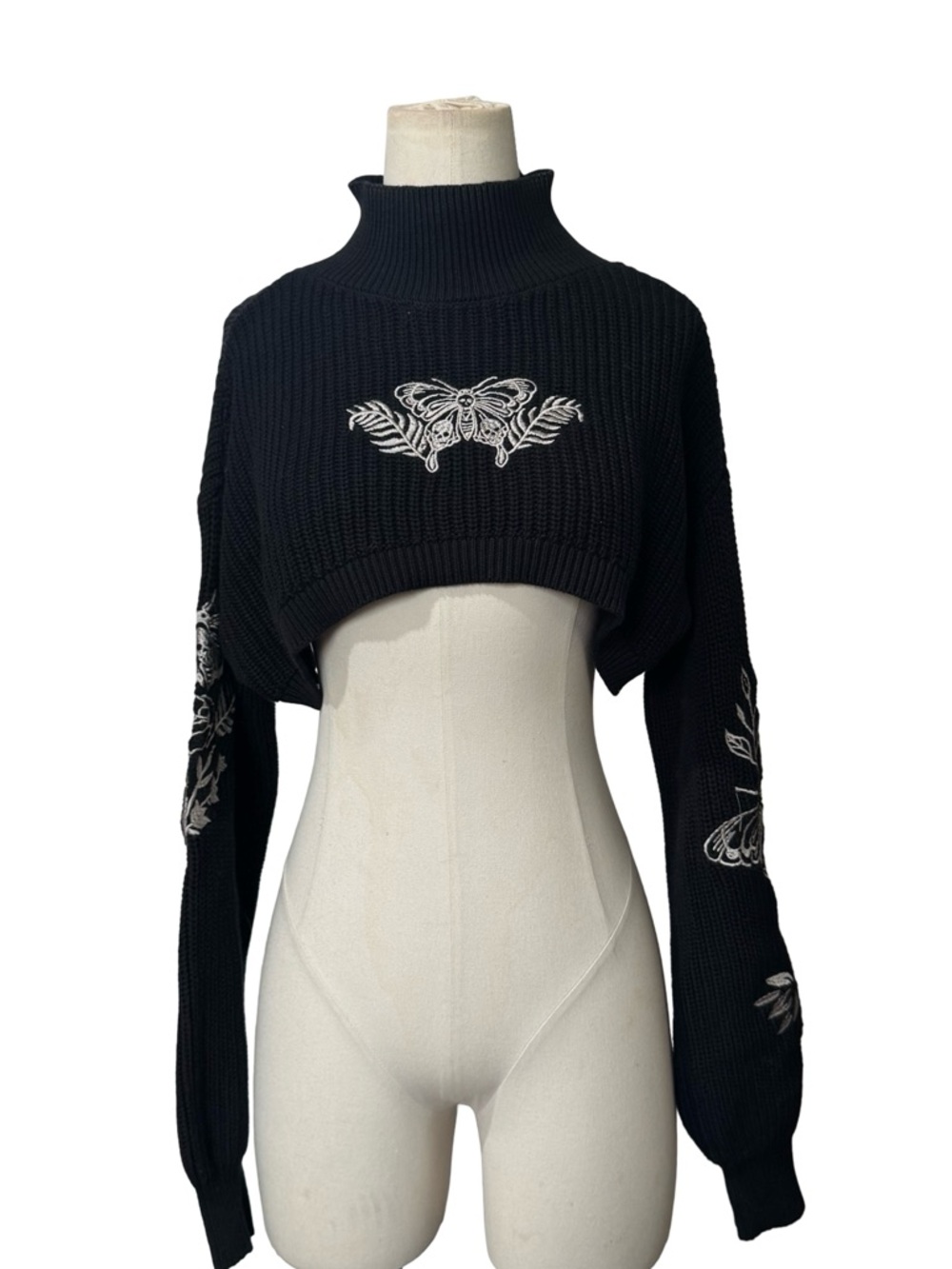 Cosmic Aura Death's-Head Moth Mock Neck Girls Crop Sweater - Picture 2 of 8